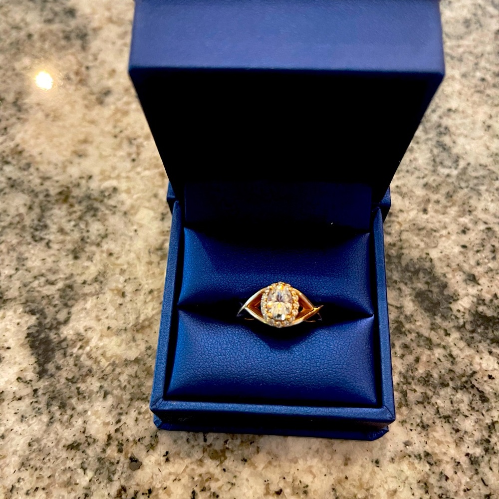 Rose gold oval, Certified Forever One moissanite ring
